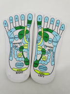 White reflexology socks with a colorful foot map illustrating acupressure points for health and massage guidance.