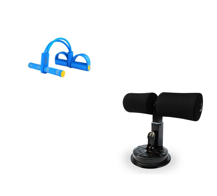 Blue rubber tension pull rope and a black metal sit-up bar with foam padding and a suction cup base.