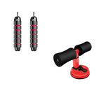 A red and black suction sit-up bar trainer alongside two black and red weighted jump rope handles.