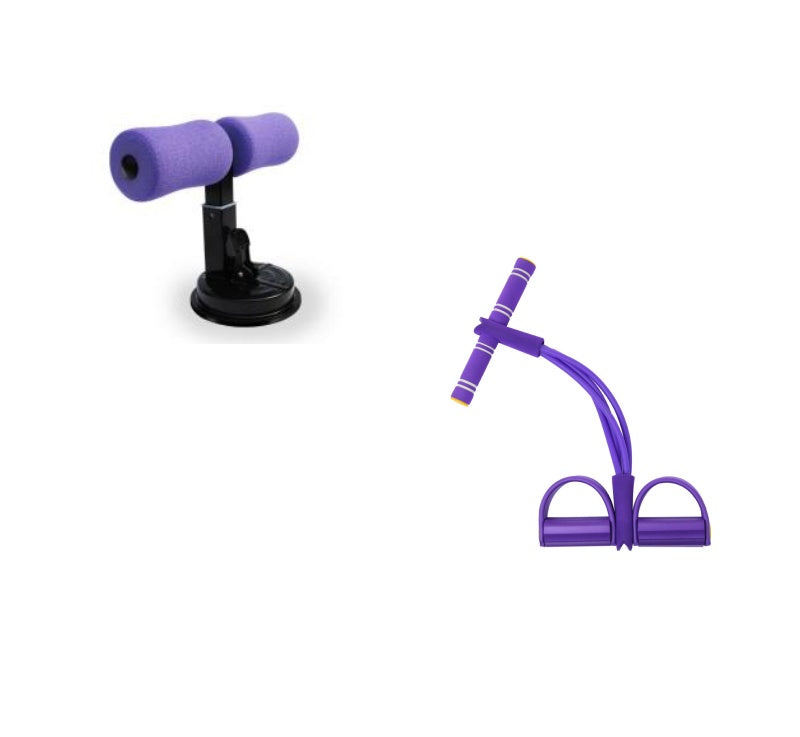 Purple foam sit-up bar with suction base and a purple resistance band exerciser with handles and foot pedals.