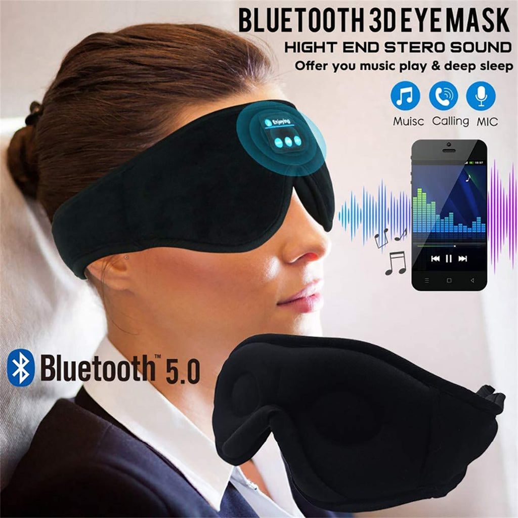 A woman wears a black, soft Bluetooth 5.0 sleep mask featuring integrated speakers, buttons, and call functionality.