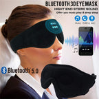 A woman wears a black, soft Bluetooth 5.0 sleep mask featuring integrated speakers, buttons, and call functionality.