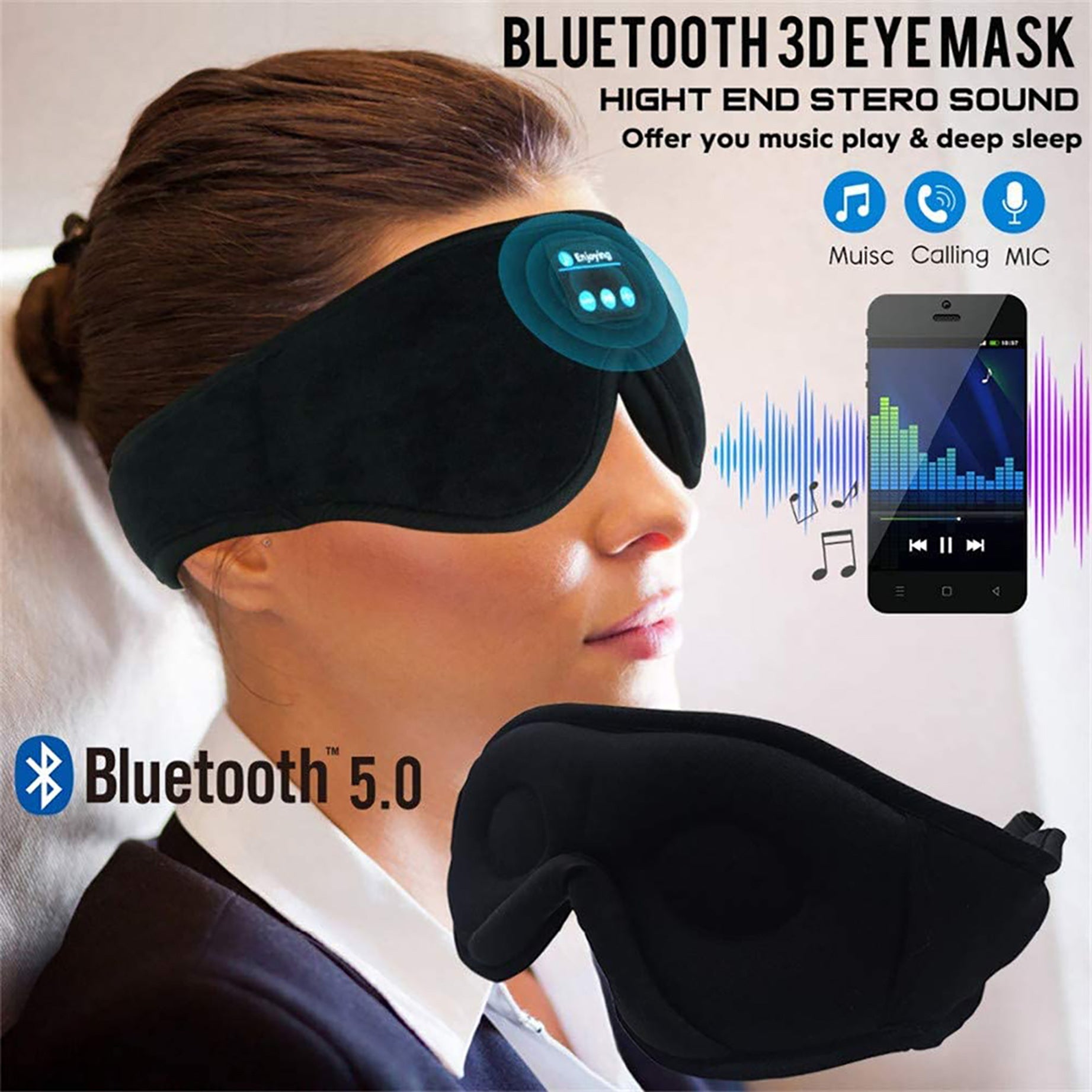 A woman wears a black, soft Bluetooth 5.0 sleep mask featuring integrated speakers, buttons, and call functionality.