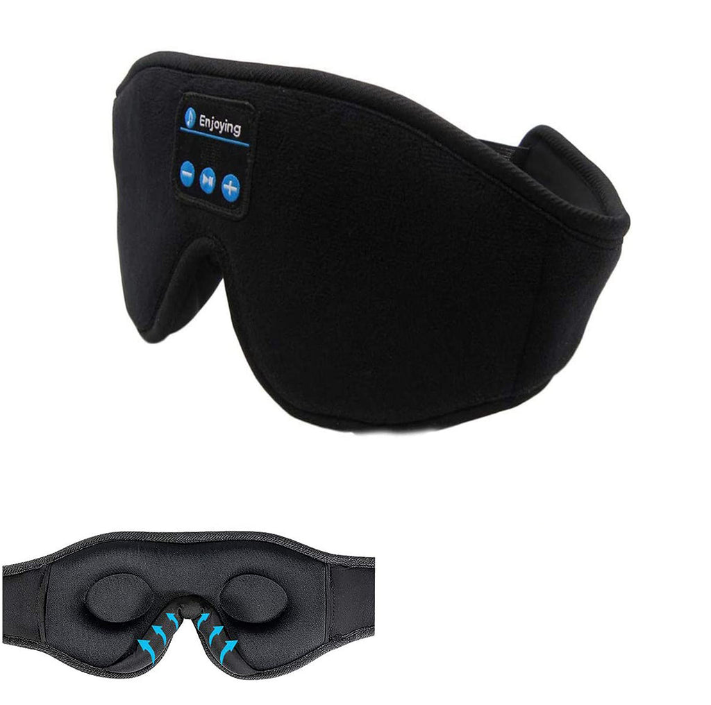 Black soft fabric sleep mask with built-in Bluetooth control panel and contoured eye cups for total blackout comfort.
