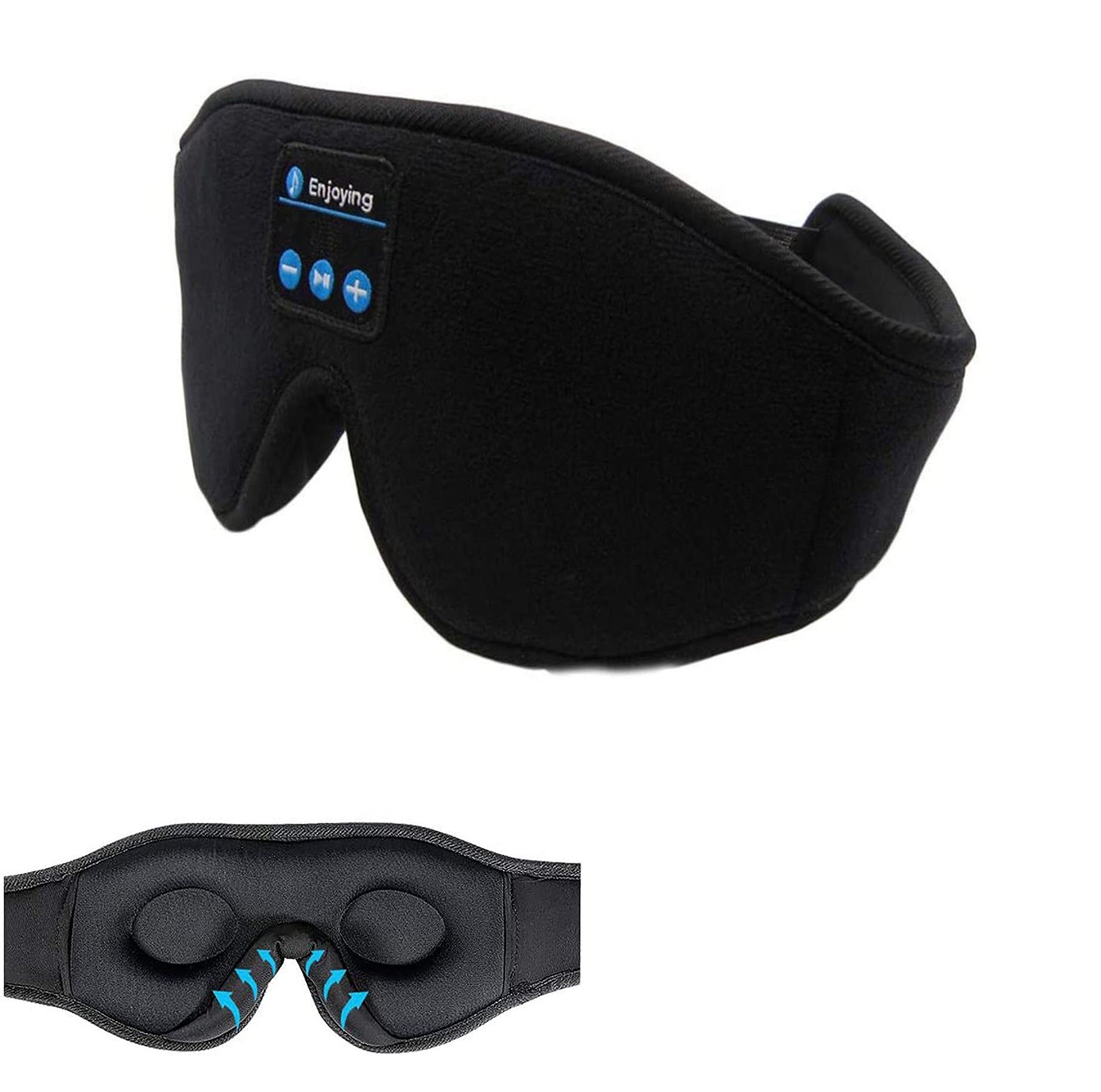 Black soft fabric sleep mask with built-in Bluetooth control panel and contoured eye cups for total blackout comfort.