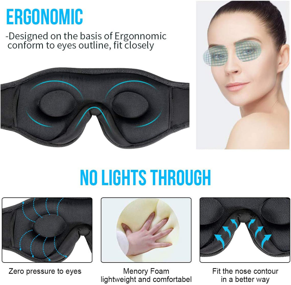 Black memory foam sleep mask showing ergonomic contours, light-blocking design, and a comfortable fit for eyes and nose.