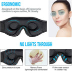 Black memory foam sleep mask showing ergonomic contours, light-blocking design, and a comfortable fit for eyes and nose.