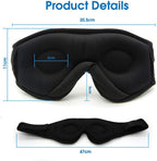 Black fabric sleep eye mask with integrated wireless speakers, contoured eye cups, and adjustable hook-and-loop strap.