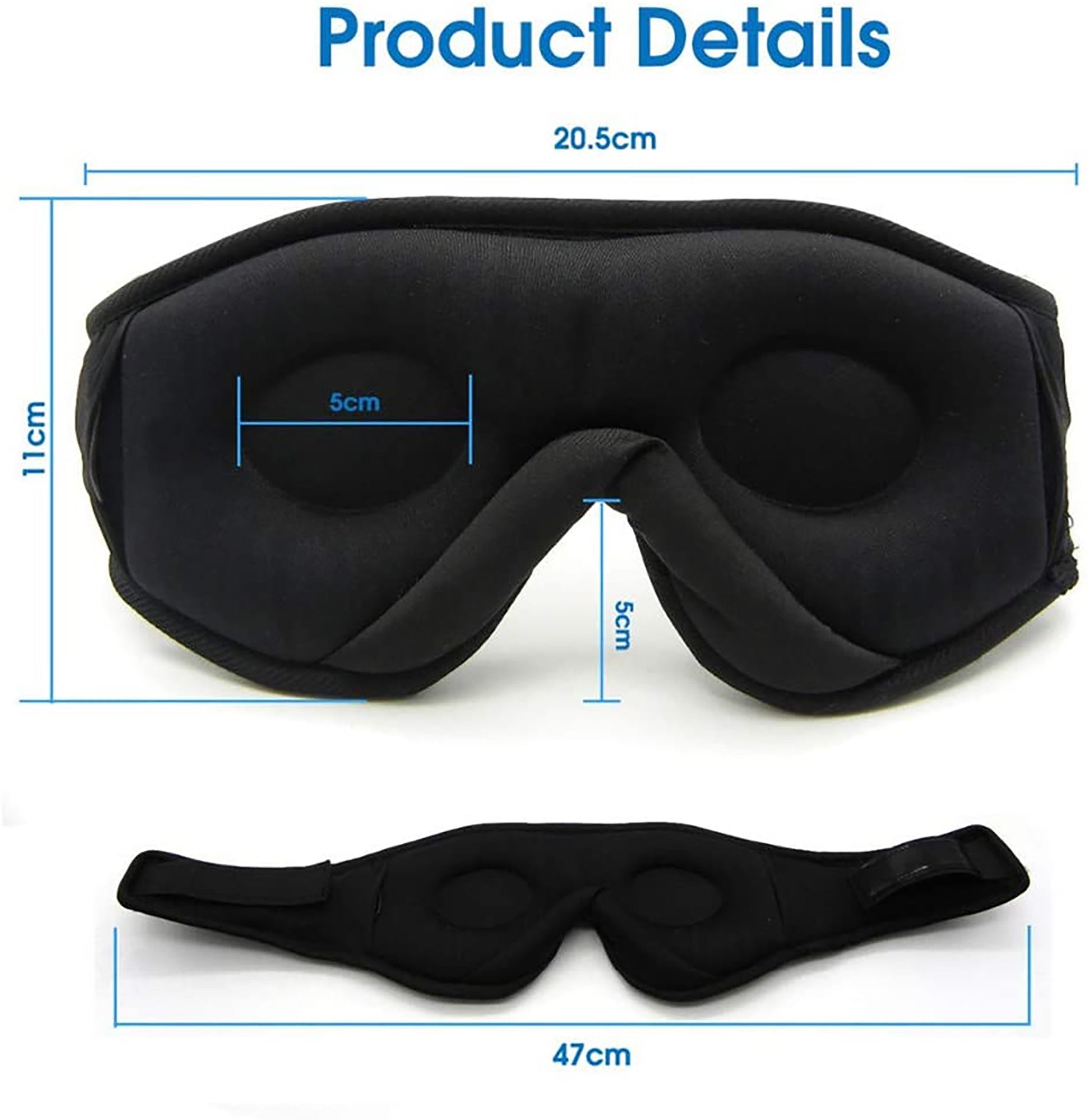 Black fabric sleep eye mask with integrated wireless speakers, contoured eye cups, and adjustable hook-and-loop strap.