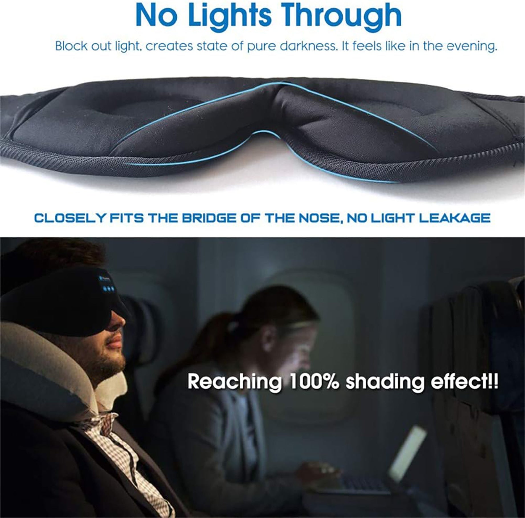 Black fabric sleep mask with wireless stereo; molded design blocks light for full shade, worn by a man on a plane.