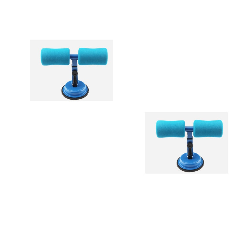Two blue sit-up bars with soft foam pads and a suction cup base for floor mounting.