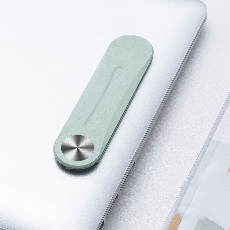 Mint green aluminum alloy side screen bracket attached to a silver laptop, featuring a metallic circular hinge.