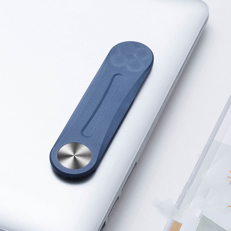 Blue aluminum alloy side-screen phone bracket attached to the back of a silver laptop.