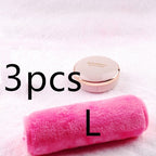 A plush pink makeup remover towel roll next to a compact case on a white fuzzy background, marked "3pcs L".
