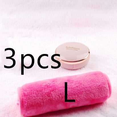 A plush pink makeup remover towel roll next to a compact case on a white fuzzy background, marked "3pcs L".