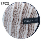Round, white and brown striped fuzzy makeup puff with a black "CLEAN SPONGE" finger strap. Set of 3pcs.