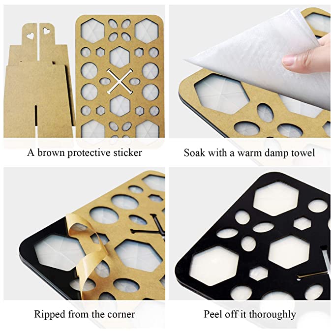 Assembly steps for a black 14-hole acrylic makeup brush drying rack, showing how to peel off the brown protective film.