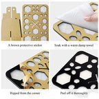 Assembly steps for a black 14-hole acrylic makeup brush drying rack, showing how to peel off the brown protective film.