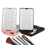 Pink and black folding LED makeup mirrors with integrated brush storage and a set of five makeup brushes.