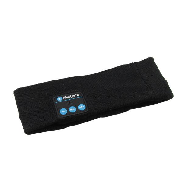 Black fabric fitness headband with an integrated Bluetooth control panel featuring play, pause, and volume buttons.