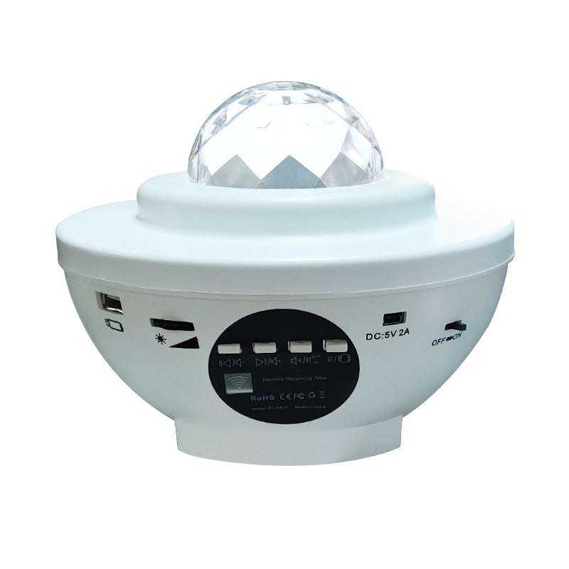 White LED projector night light with a faceted dome, USB port, control buttons, and power switch on a round base.