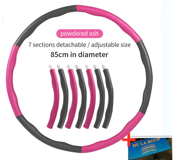 Pink and gray detachable foam hula hoop with 7 sections, 85cm diameter, for fitness and exercise.