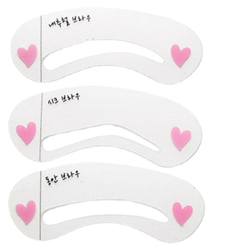 Three white eyebrow stencil stickers featuring pink heart accents and Korean text on a plain white background.