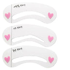 Three white eyebrow stencil stickers featuring pink heart accents and Korean text on a plain white background.