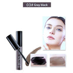 Gray-black peel-off eyebrow gel with applicator, showing swatch textures and a model with defined brows.