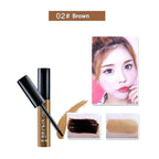 Brown eyebrow tattoo gel in a tube with applicator, featuring brown swatches and a model with defined brows.