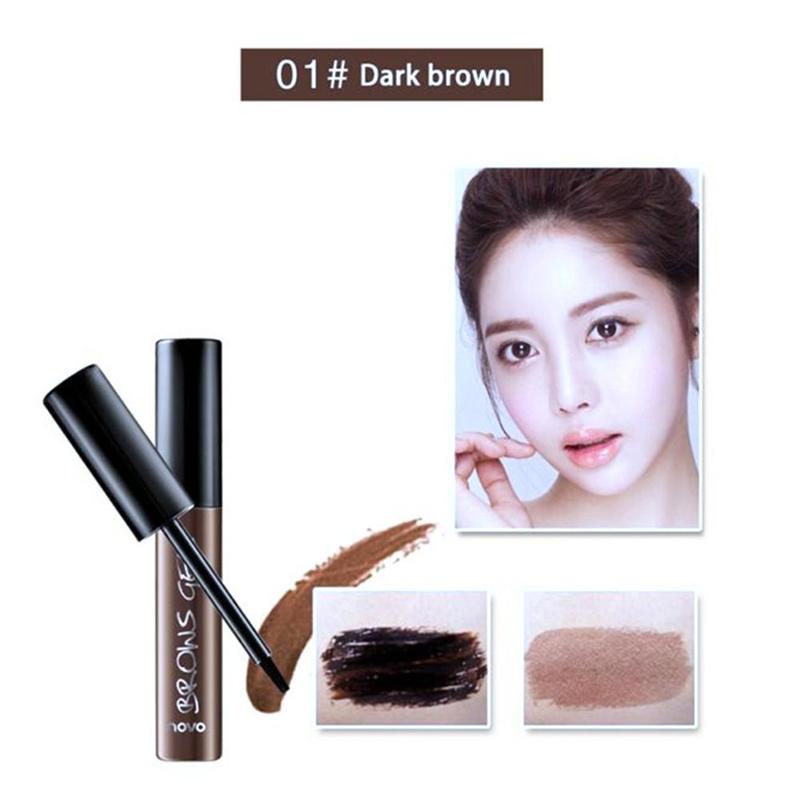 Dark brown eyebrow tint gel, applicator, model photo, and product texture swatches on a white background.