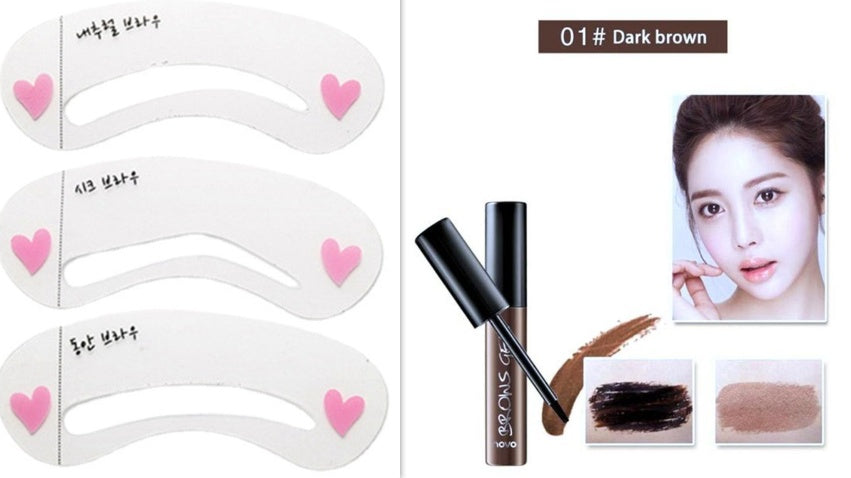 Digitaldistribution375 dark brown eyebrow tattoo gel with three stencil shapes, applicator, and color swatches.