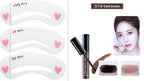 Digitaldistribution375 dark brown eyebrow tattoo gel with three stencil shapes, applicator, and color swatches.