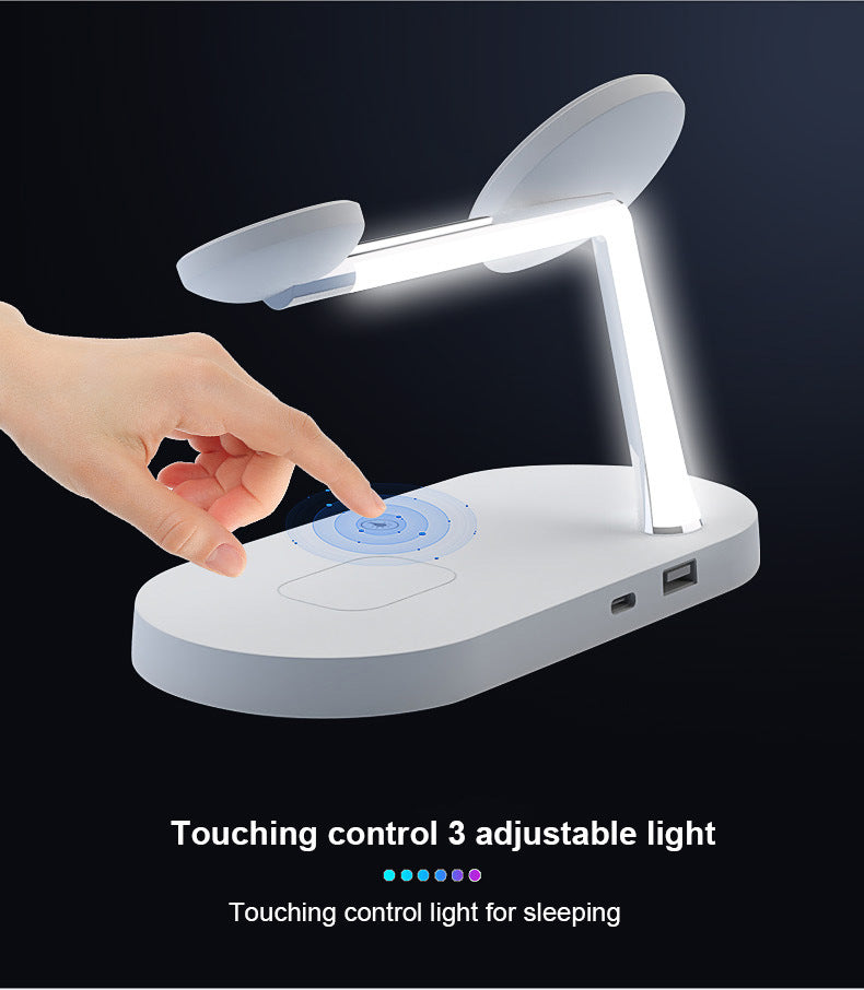 White 5-in-1 magnetic wireless charging station with adjustable LED light, phone/watch/earbuds docks, and USB ports.