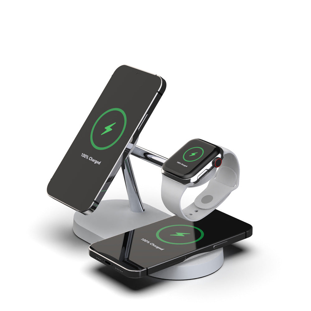 White and chrome 3-in-1 magnetic wireless charging station holding a smartphone, smartwatch, and earbuds case.