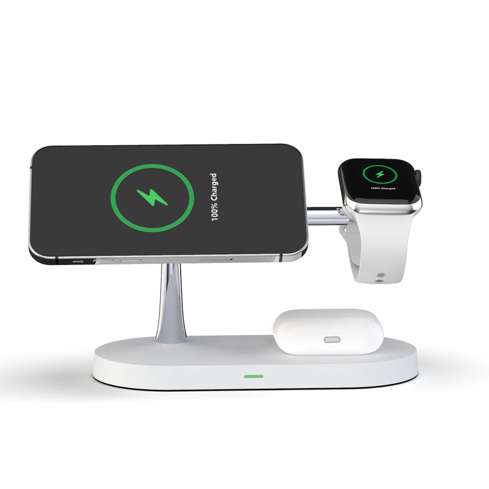White 3-in-1 magnetic wireless charging station for phone, watch, and earbuds with a chrome stand on a white base.