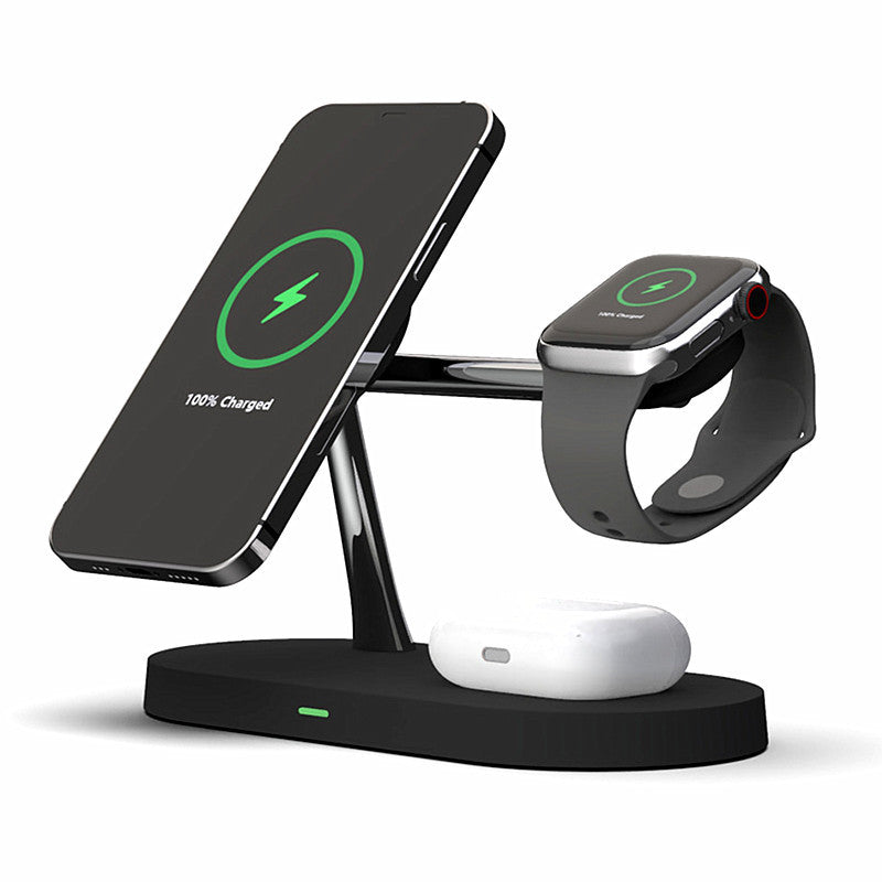 Black 3-in-1 magnetic wireless charging station powering a smartphone, smartwatch, and white wireless earbuds case.