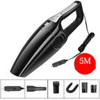 Black handheld car vacuum with 5M power cord, silver accents, and various cleaning attachments on a white background.