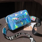 Holographic blue waterproof cosmetic bag with "LITTLE BEAUTY" text and a black branded shoulder strap.