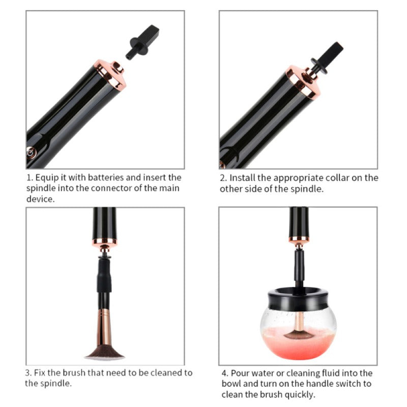 Four-step tutorial for a black and rose gold electric makeup brush cleaner tool with spindle, collars, and glass bowl.