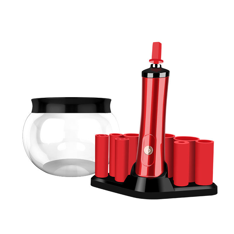 Red electric makeup brush cleaner with a clear bowl, black base, and multiple red silicone brush attachments.