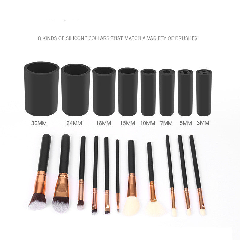 Eight black silicone makeup brush cleaner collars in varying sizes (3mm-30mm) arranged above matching cosmetic brushes.