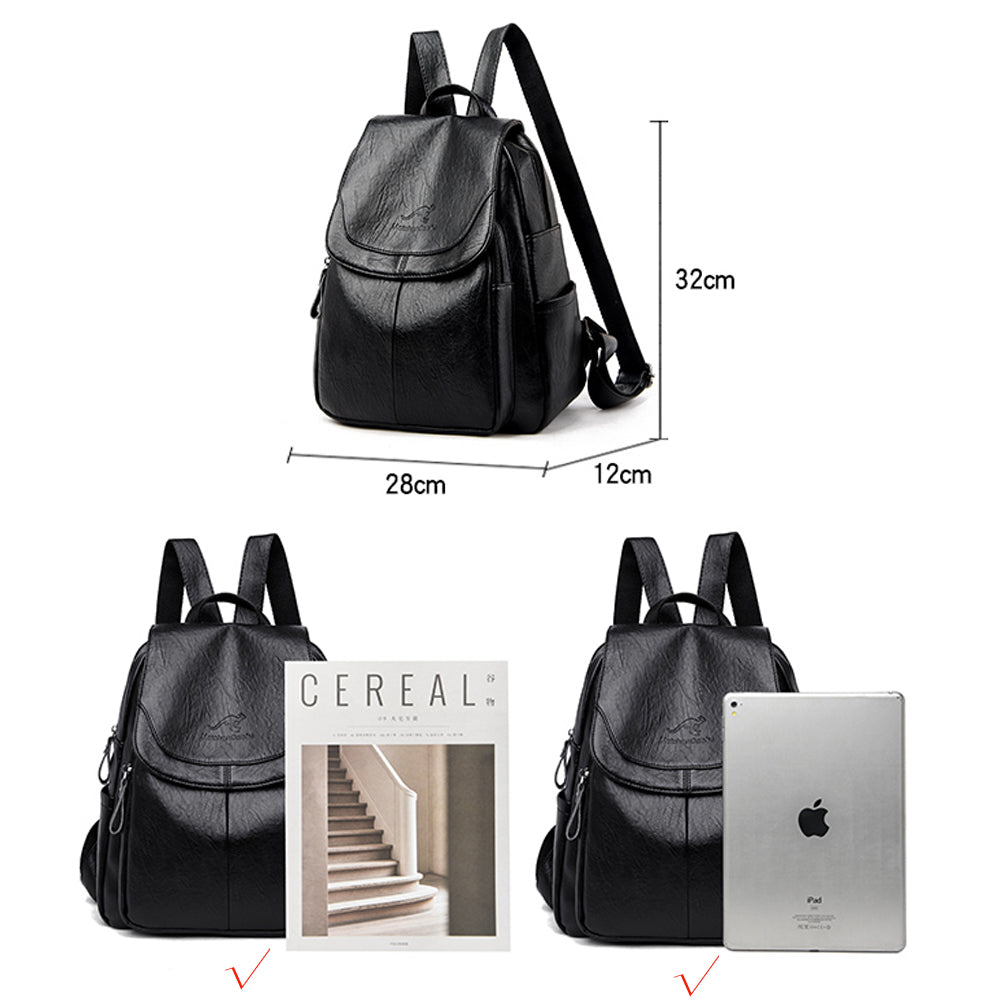 Black faux leather Xiangfei Kangaroo backpack with flap closure, showing dimensions and capacity for books and tablets.