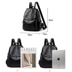 Black faux leather Xiangfei Kangaroo backpack with flap closure, showing dimensions and capacity for books and tablets.