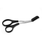 Black eyebrow trimming scissors with a built-in comb attachment, featuring stainless steel blades and plastic handles.