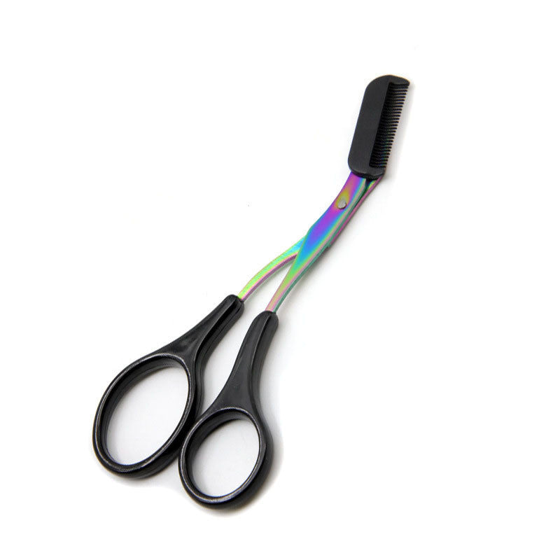 Iridescent metal eyebrow trimming scissors with black plastic handles and an integrated comb on a white background.