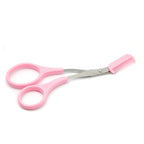 Pink plastic eyebrow trimmer scissors featuring metal blades and an attached hair-grooming comb on a white background.