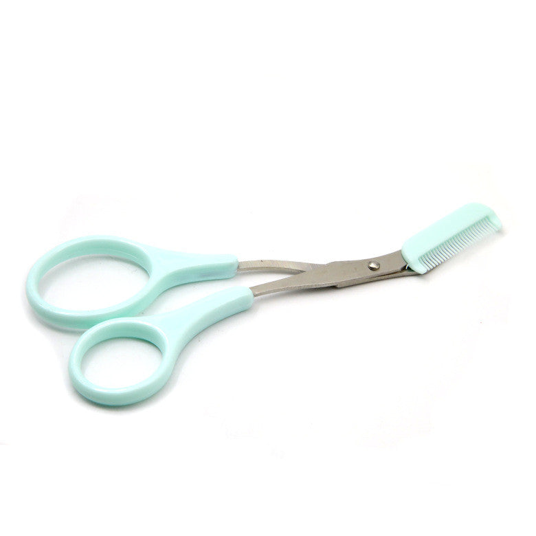 Light blue eyebrow trimming scissors with a built-in plastic comb attachment for grooming and shaping.