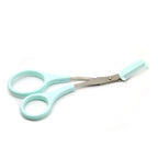 Light blue eyebrow trimming scissors with a built-in plastic comb attachment for grooming and shaping.