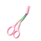 Iridescent metal eyebrow scissors with a pink plastic comb and matching pink finger loops on a white background.